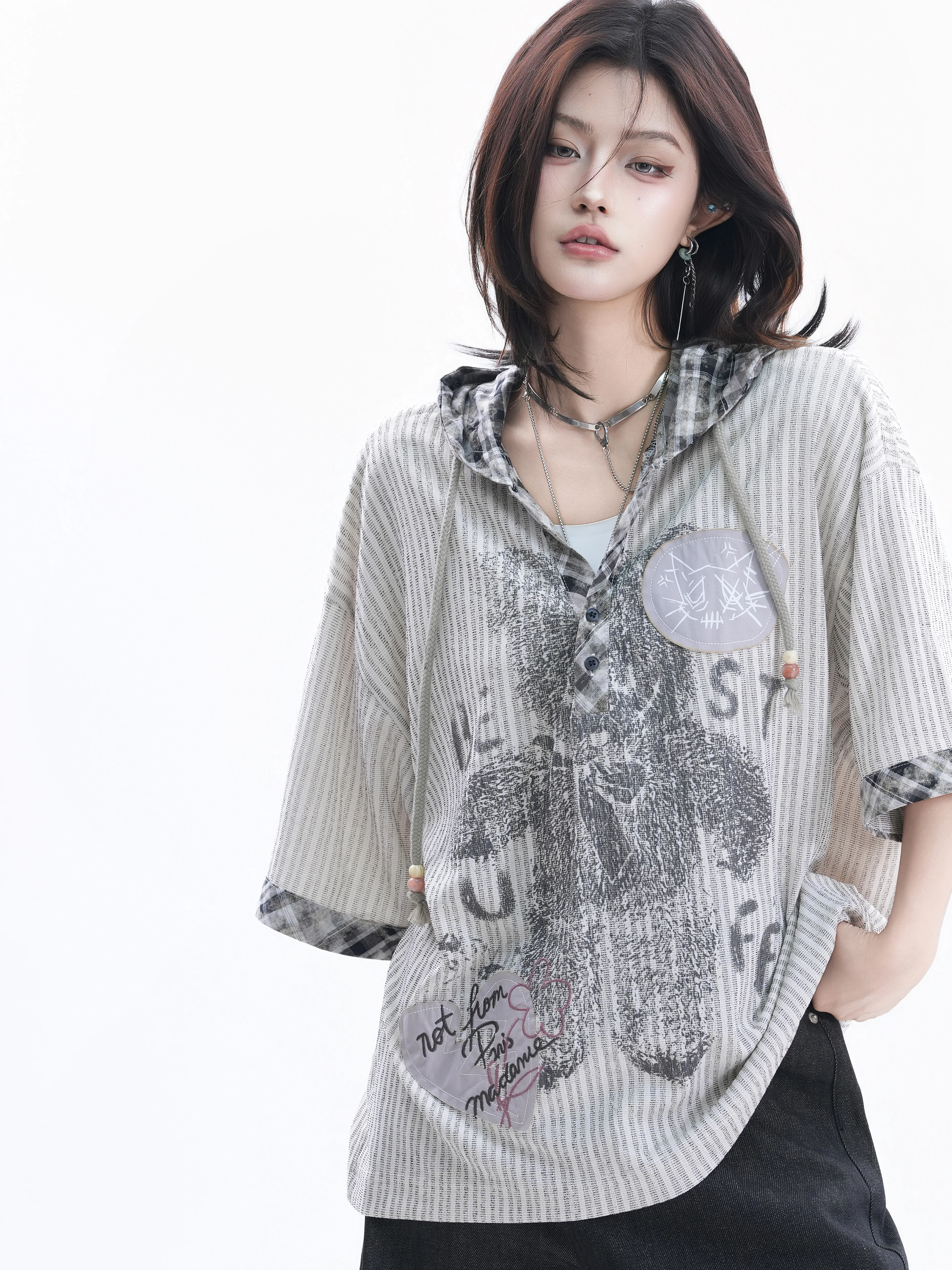 

Small Ball American Street Style Worn-look Plaid Hoodie T-shirt Women Loose Short Sleeve Embroidered Couple Top