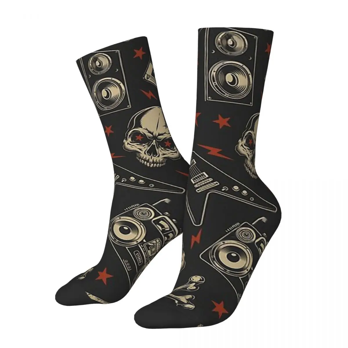 Chaussette d'équipage imprimée à motif respirant pour hommes, chaussettes amusantes, chaussettes heureuses, hip-hop grunge, musique rock and roll, cadeau décontracté