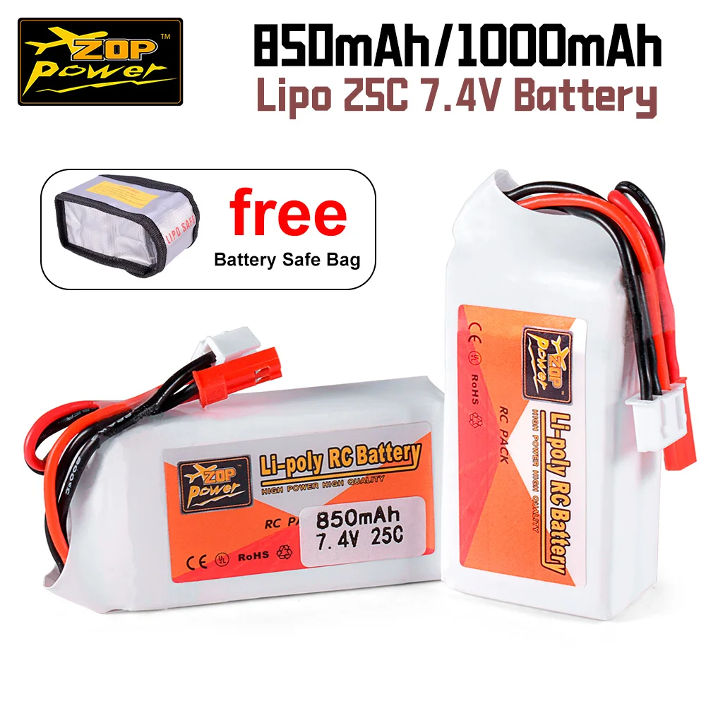

Аккумулятор LiPo ZOP Power 7.4V 25C 850/1000mAh с разъемом JST для радиоуправляемых моделей TRX4M, машин, грузовиков, лодок, вертолетов, дронов (бесплатная сумка в комплекте)