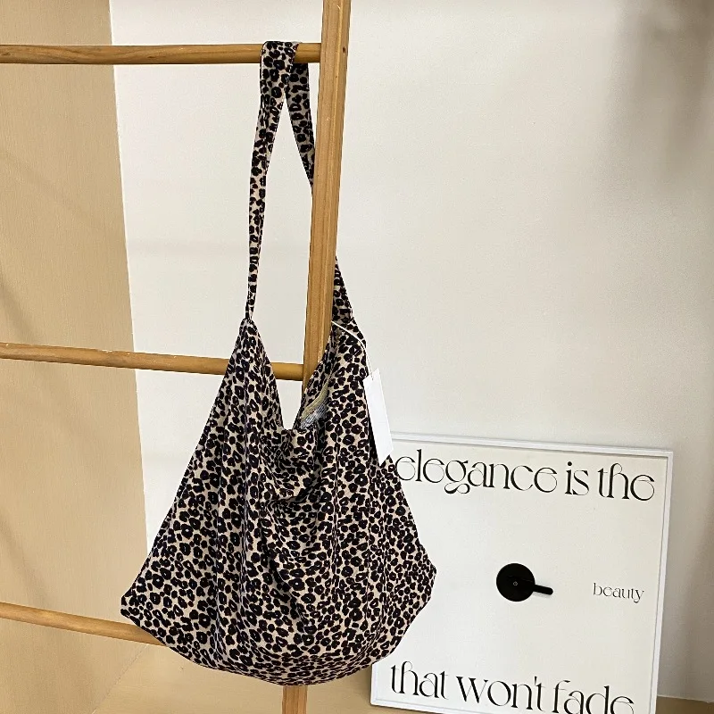 Trendy Fresh Floral Canvas Bag Leopard Print Corduroy Shoulder Bag Versatile Shopping Bag Bag for Women Shoulder Bag Women