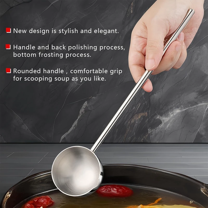 Small Soup Ladle Stainless Steel Metal Deep Spoon with Pour Spout 2Oz Long Handle Gravy Ladles for Kitchen 2 Pack
