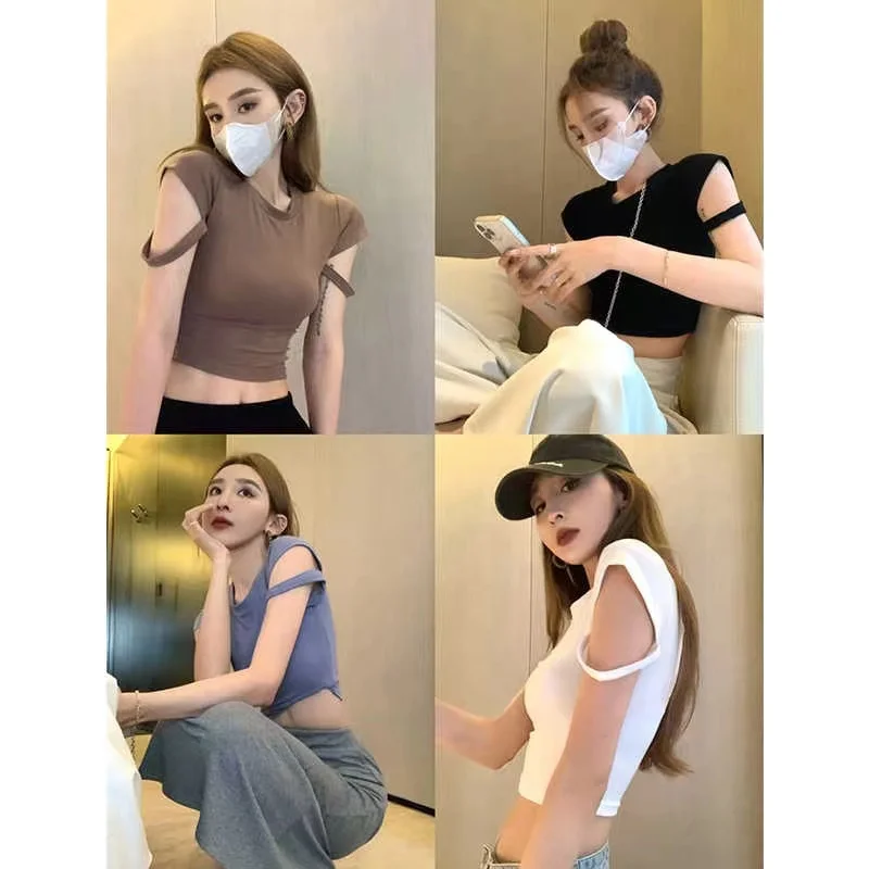 セクシーな白い伸縮性のあるTシャツ、女性用サマーベーシックデザイン、レディーストップ、ポリエステル繊維、薄手の丸首Tシャツ