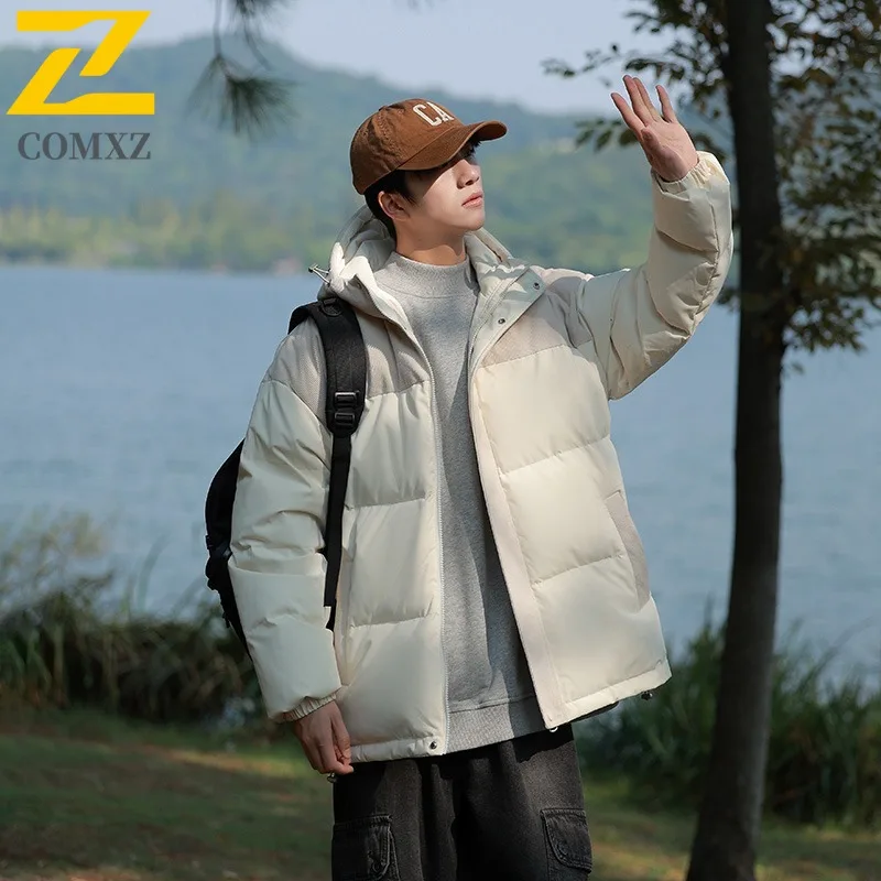 

COMXZ men New corduroy patchwork hooded down jacket for autumn and winter fashionable down jacket waterproof and windproof 2025