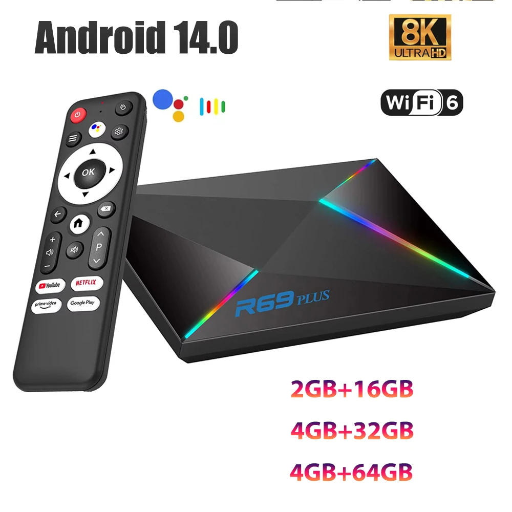 Android Box R69 Plus Set Top Box Android 14 Allwinner H728 TV Box 8K WiFi6 HD Bluetooth Ethernet 1000M Lettore multimediale in streaming