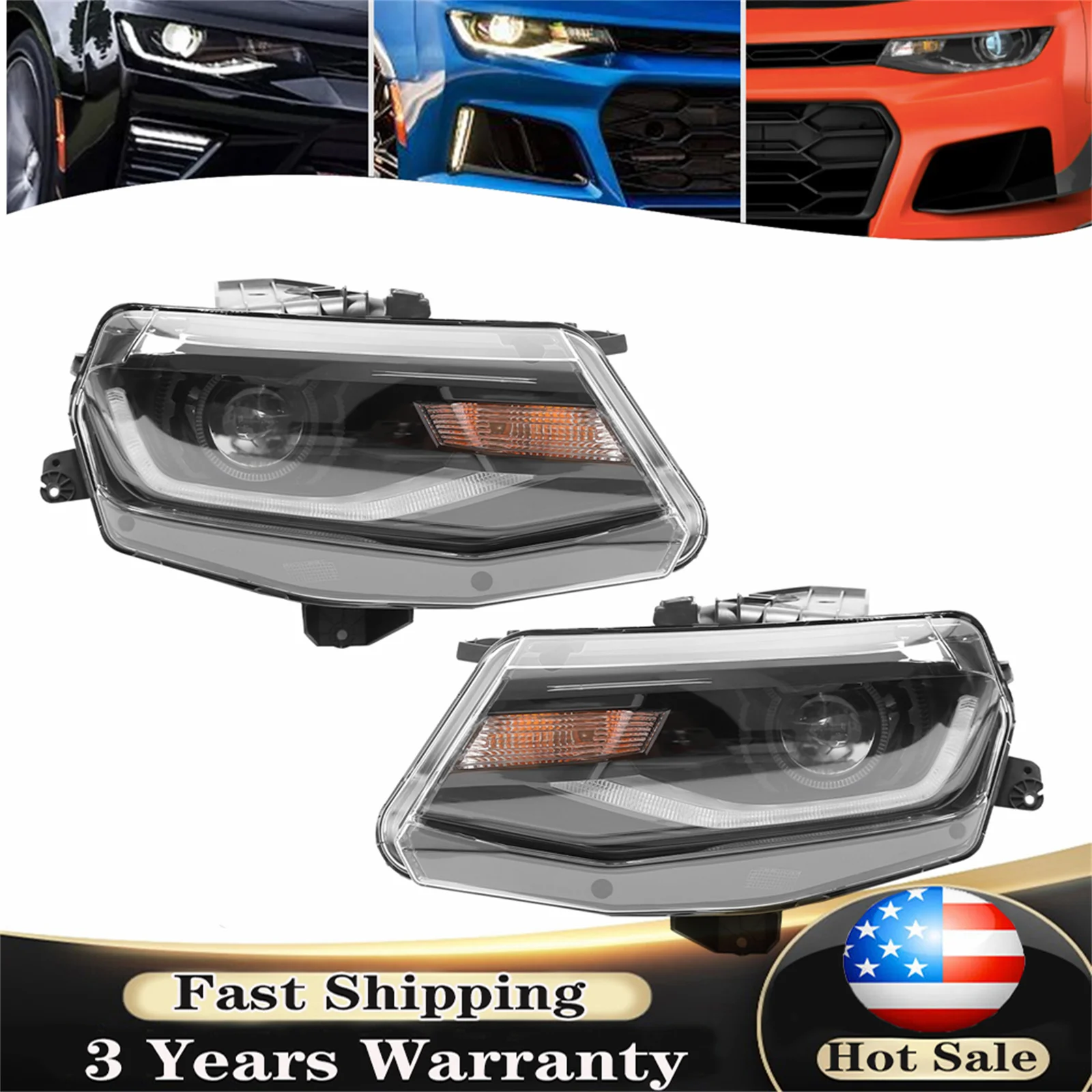 

For 2016-22 Chevy Camaro HID/Xenon Black Pair/Left/Right LED DRL Projector Headlight Car Light Accessories