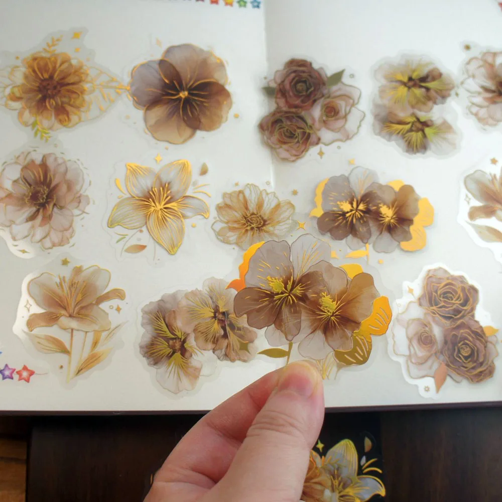 

18pcs Gold Line Coffee Color Flower and Leave Design PVC Sticker Scrapbooking DIY Gift Packing Decoration