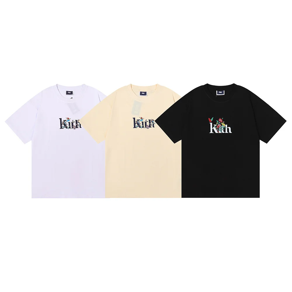 KITH American Streetwear Cotton T-Shirt Floral Letter Print Unisex Short Sleeve Vintage High Street Fashion Youth  Culture