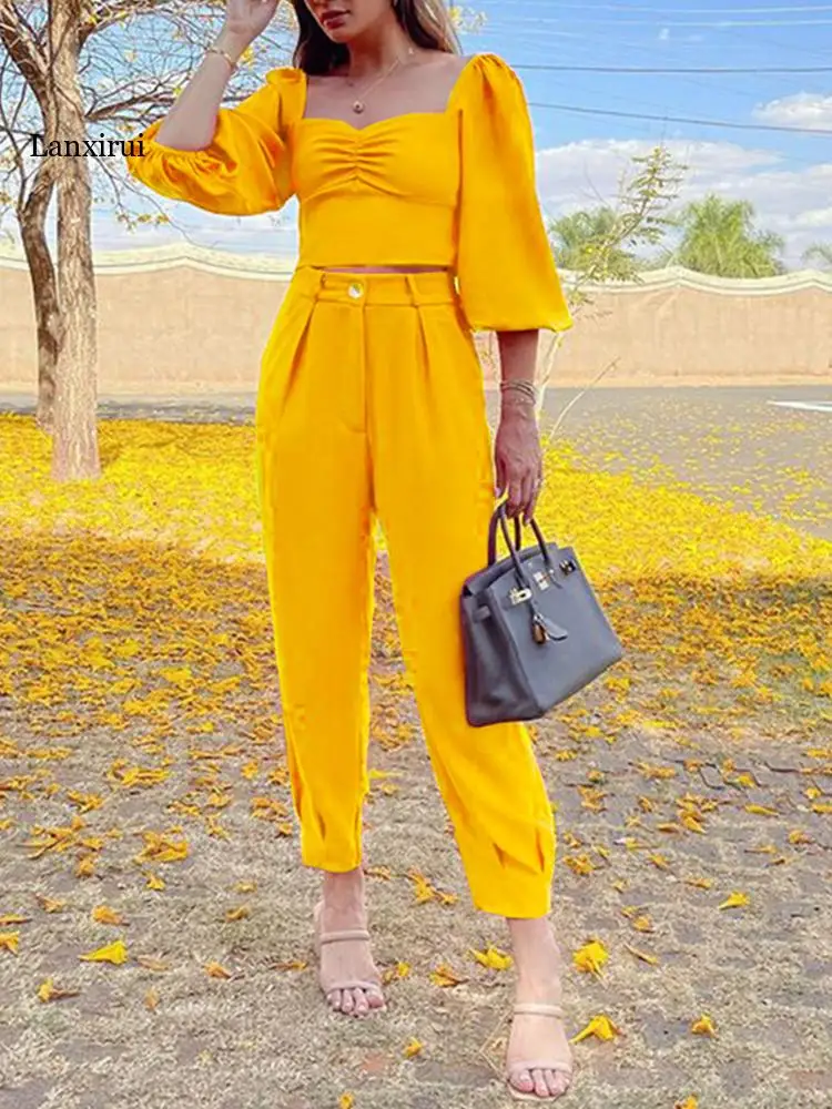 

Women Sexy Square Collar Solid Tops And High Waist Suit Pants Outfits Summer Fashion Button Two Piece Set Lady Casual Loose Set