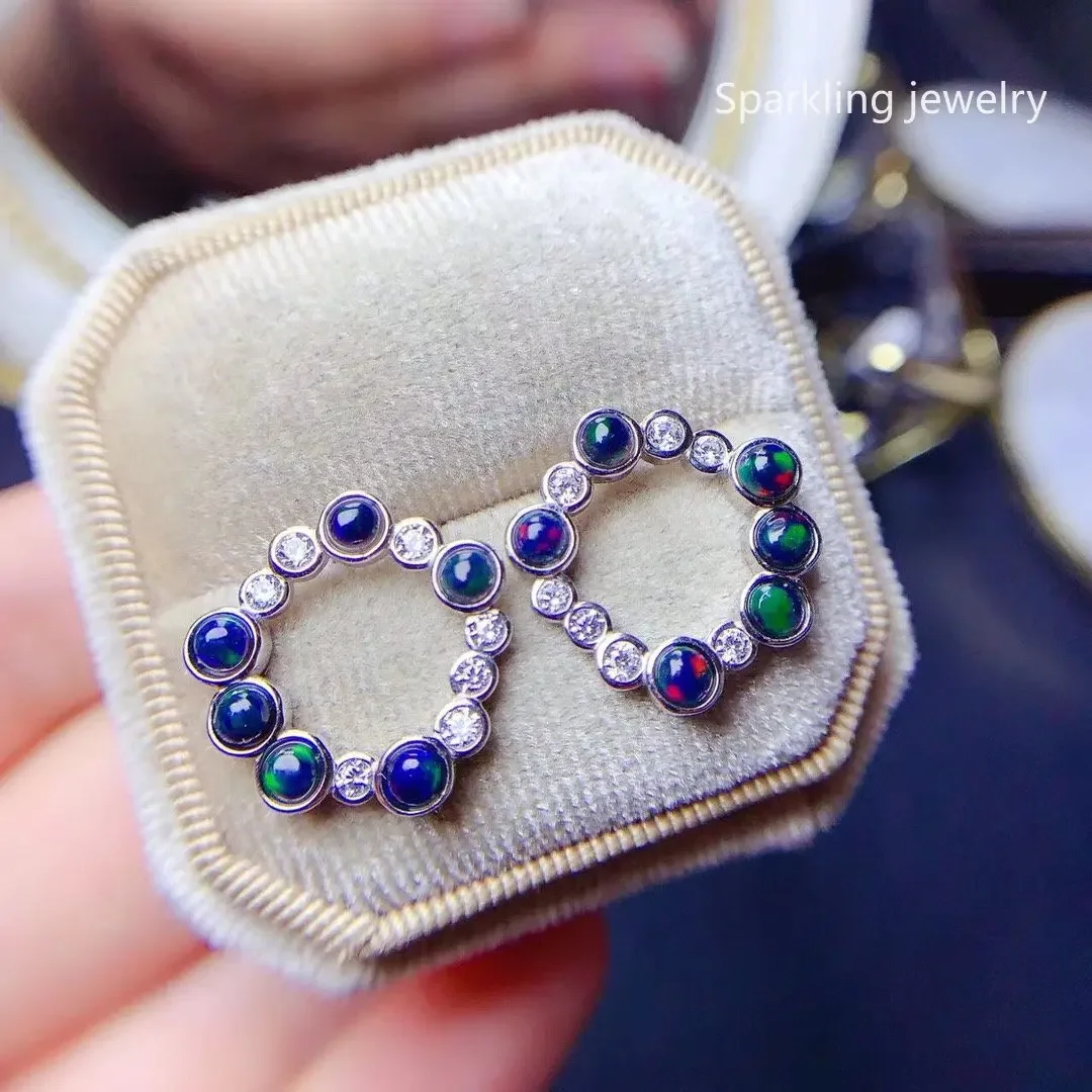 

Natural Black Opal Hoop Earrings 925 Sterling Silver Women Luxury Fine Jewelry