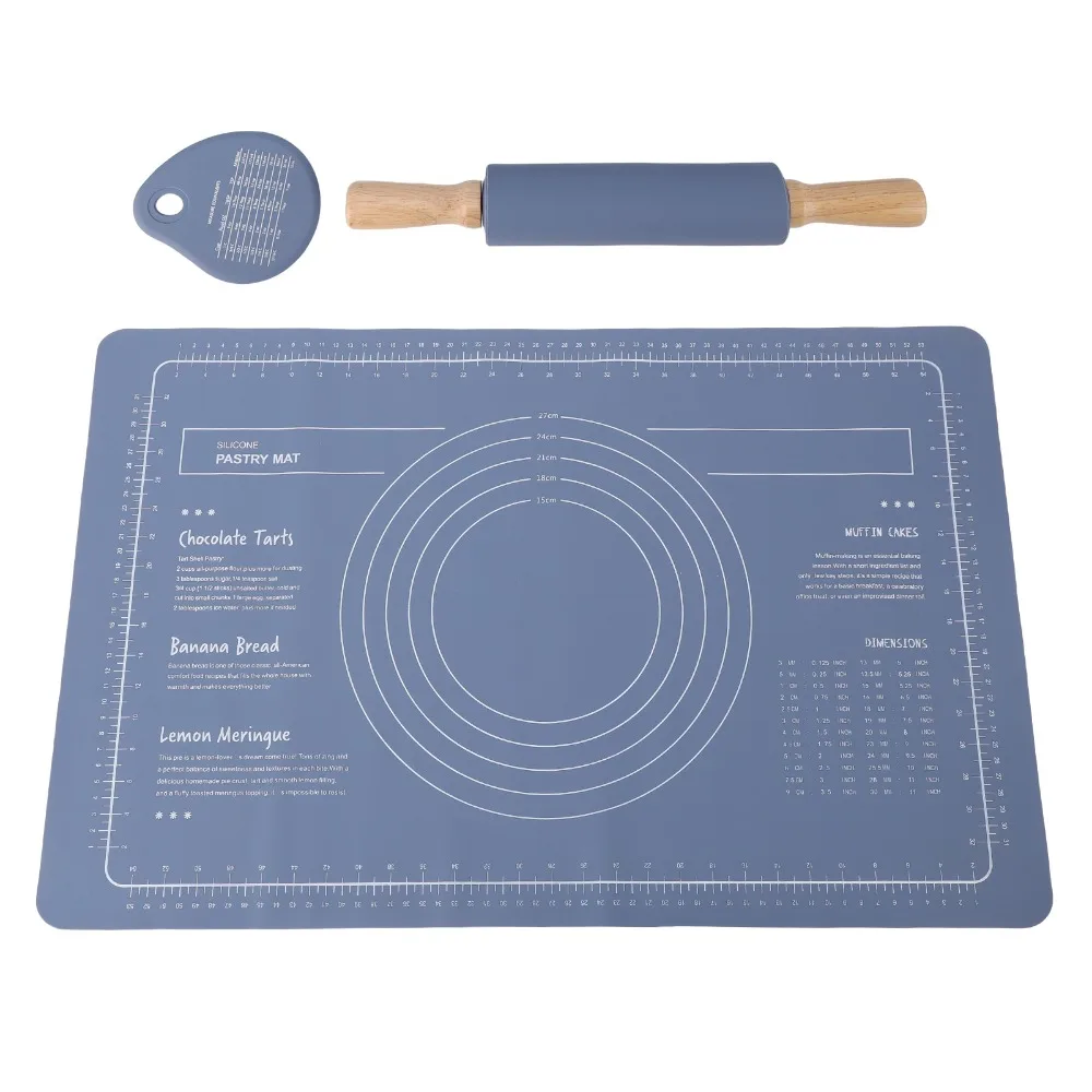 3pcs Food Grade Silicone Pastry Mat Rolling Pin Set Non Slip Thickened Dough Kneading Mat Measurement Marking Heat Resistant