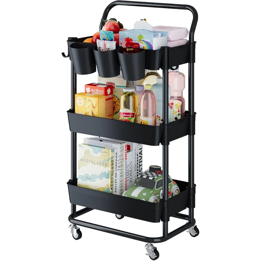 

Buzowruil 3-Tier Rolling Utility Cart Storage Cart with Handle Multi-Purpose and Locking Wheels with Hanging Basket and Hook fo
