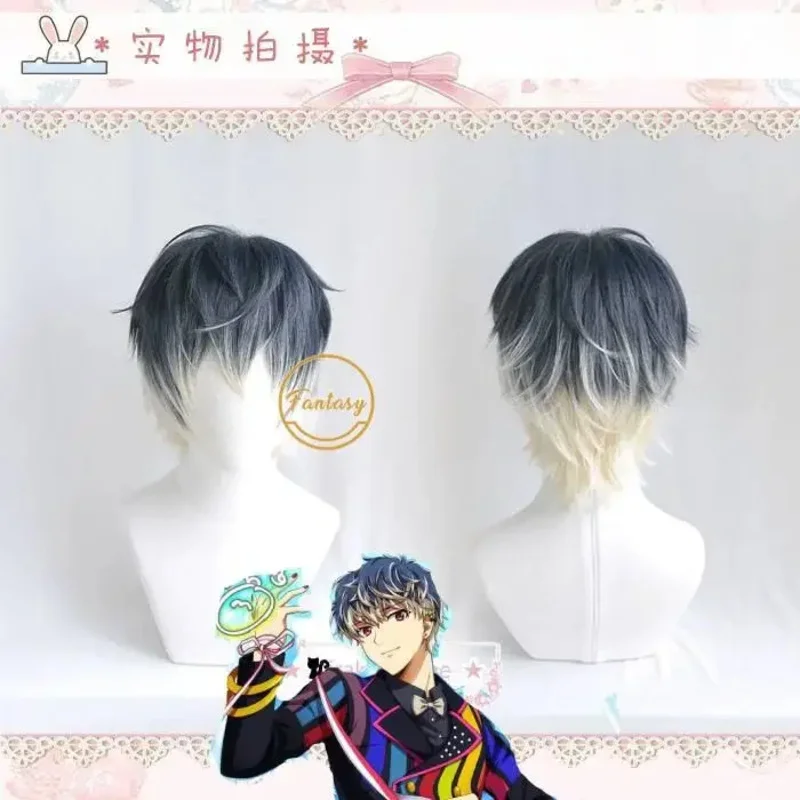 Idolish7 Re:vale Momo Cosplay Wig Black Gradient Short Heat Resistant Synthetic Hair Wigs for Halloween Costume Wig Cap