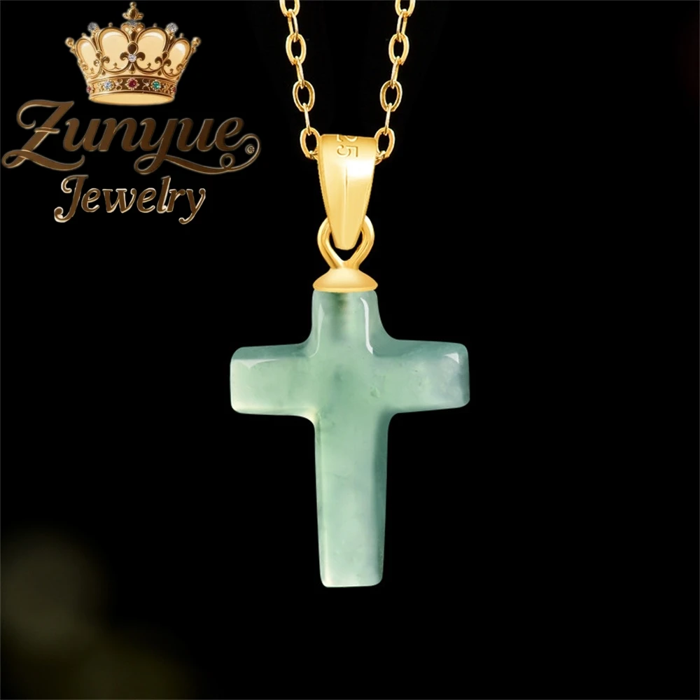 

Natural A-Grade Jade Blue Water Cross Pendant S925 Silver Inlaid Ice-Type Jade Pendant Fashionable Women's Jade Pendant