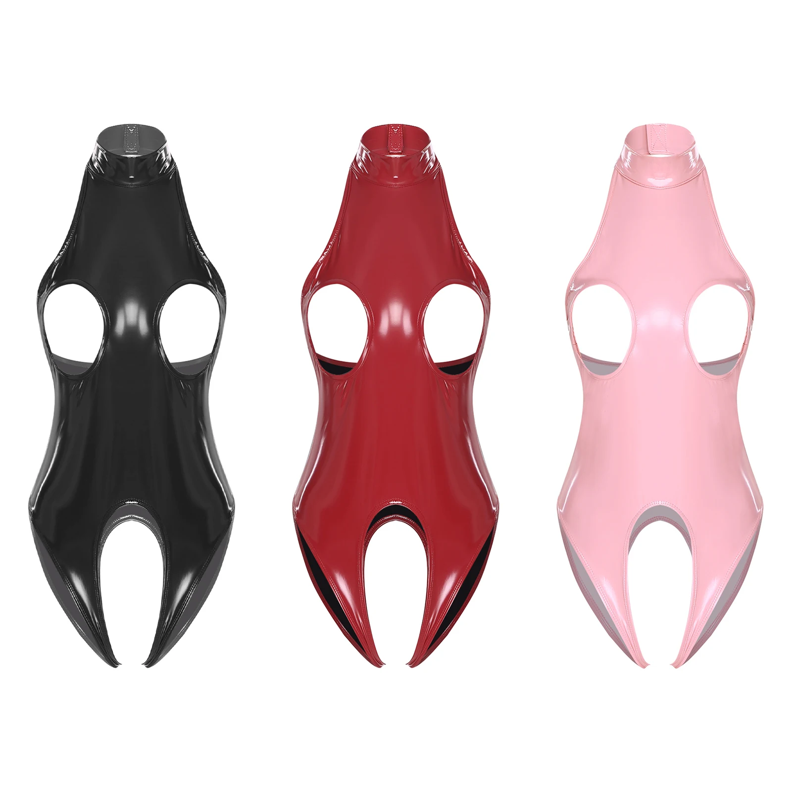 

Womens Sexy PU Leather Hollow Out Bodysuit Wet Look Halter Neck Backless Open Cup Crotchless High Cut Leotard Night Club Wear