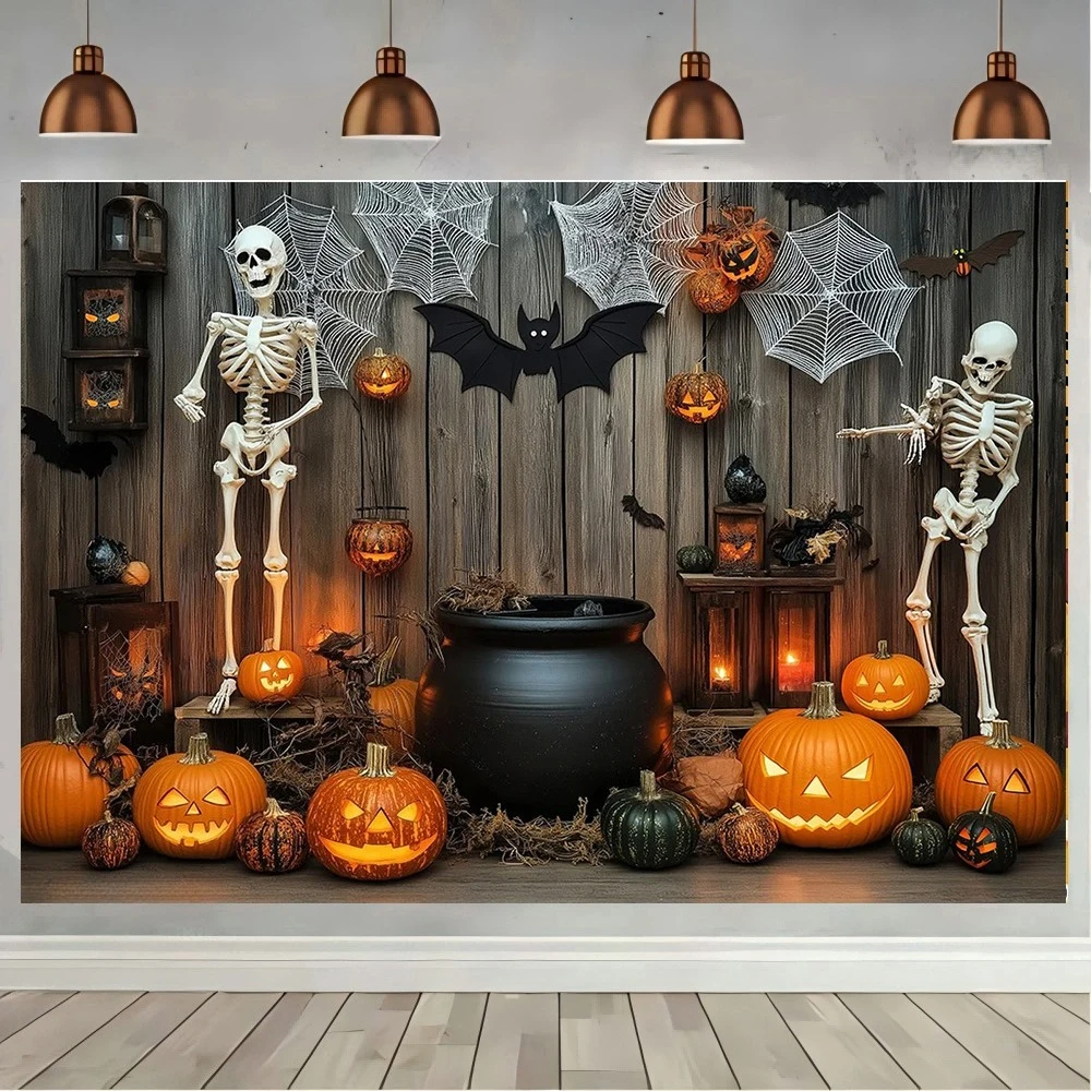 

Halloween Party Backdrop Skull Bookshelf Candlestick Vintage Skulls Circus Pumpkin Cemetery Bats Portrait Photography Background