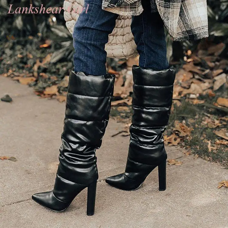 2023 Autumn and Winter Women's Black Folded Calf High Boots Vintage Pointed Chunky Heel Patent Boot Modern Large Size 35-44