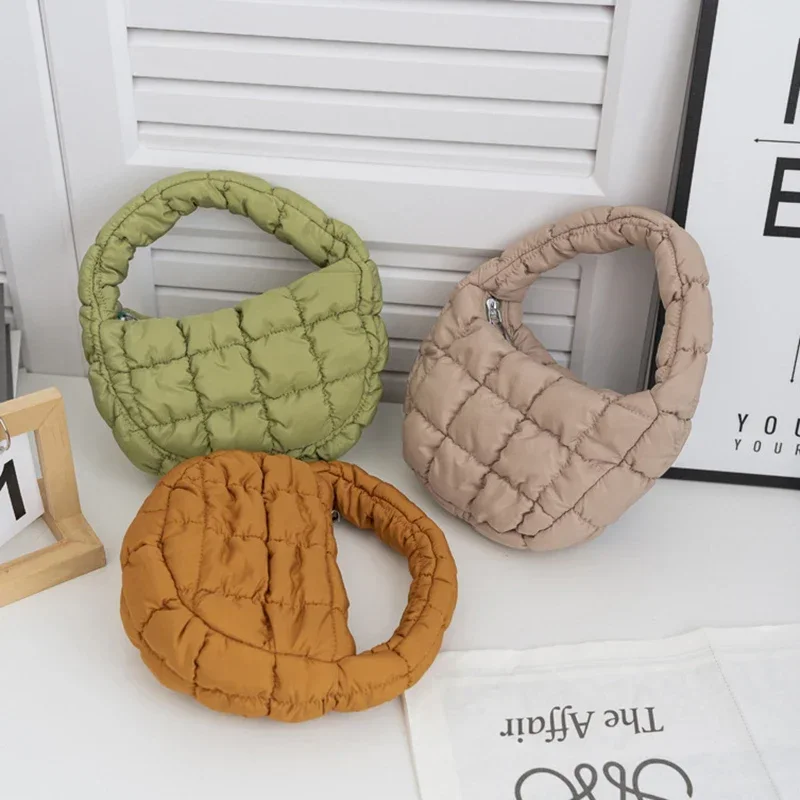 Fashion Mini Puffer Tote Bag Quilted Circle Phone Purse Elegant Purple Soft Nylon Padded Key Pouch Simple Trend Handbag - view 2