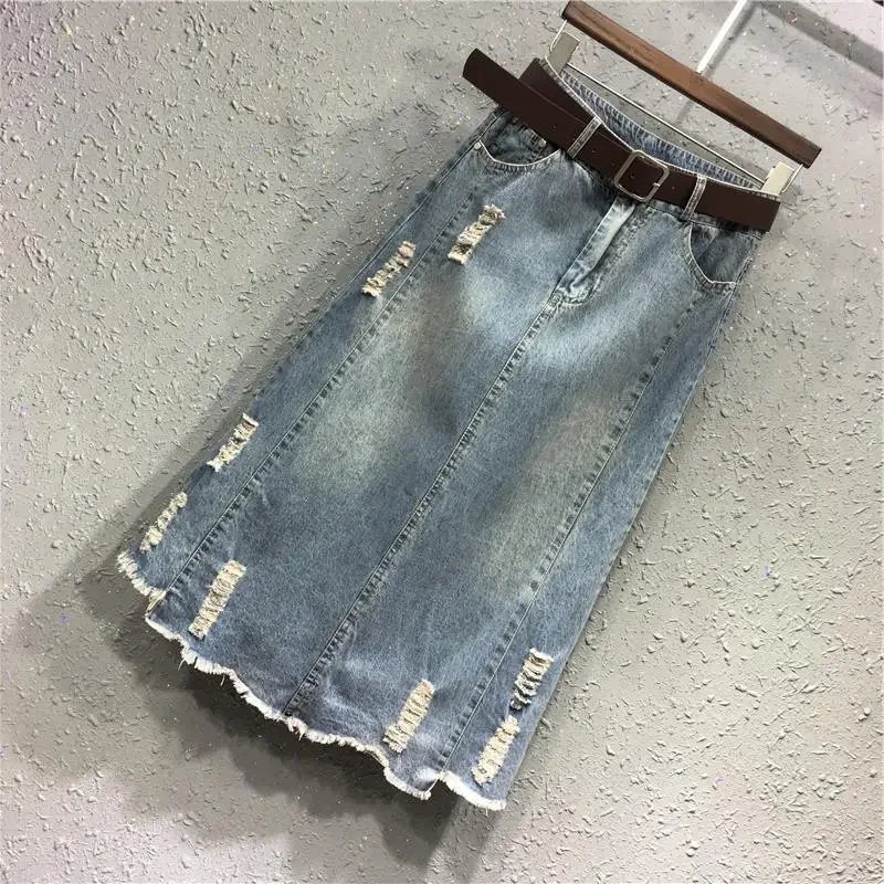 

Women's Clothing Fashion High Waist Hole Denim Skirt Spring Summer Casual All-match A-Line Bag Hip Midi Skirts for Female P162