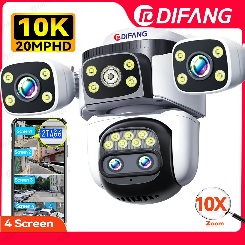 

20MP WiFi Surveillance Camera Four Screen Four Lens IP Cam 10X PTZ Optical Zoom Home Security Outdoor 360 CCTV Camera 10K