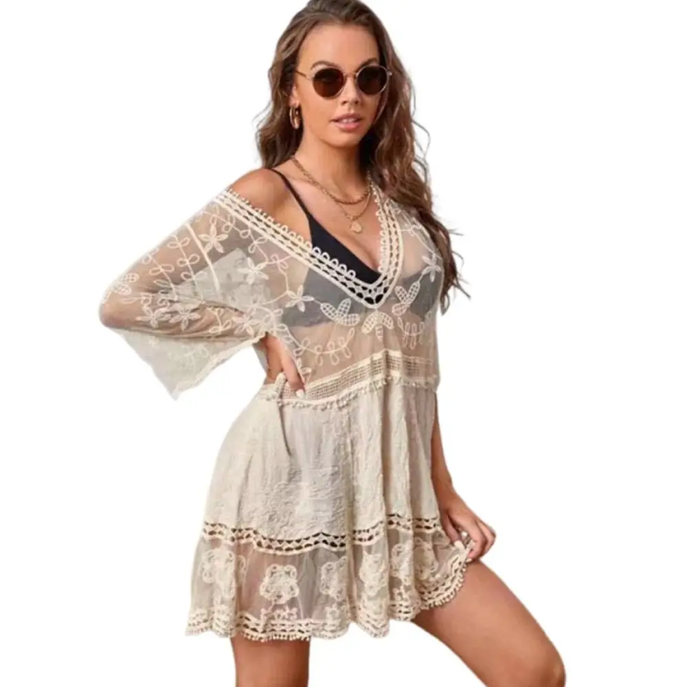 

Fashion V Neck Summer Sunscreen Smock Loose Casual Swimsuit Cover Up Dress Lace Bathing Suit Beachwear Shirt for Women