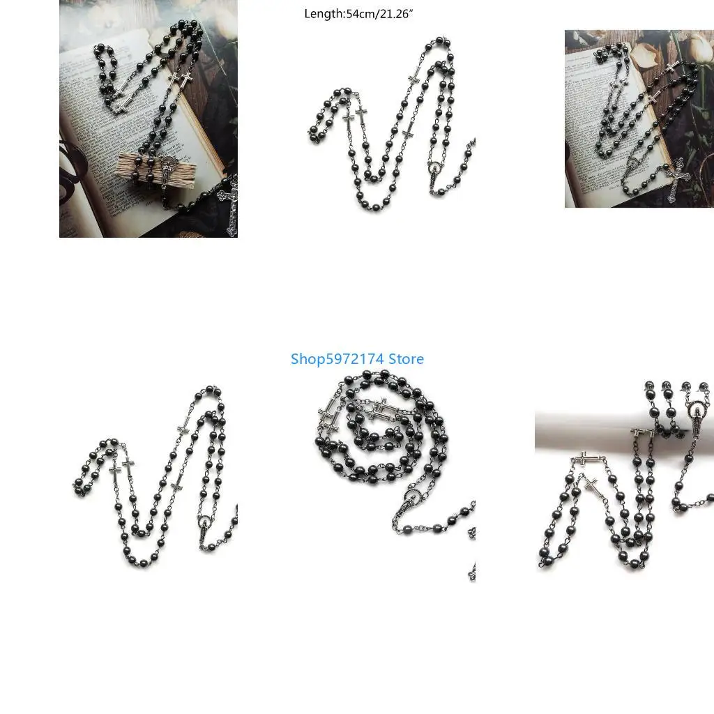 Y3NB Fashion Handmade Round Beads Catholic Rosary Necklace for Cross Pendant Religiou