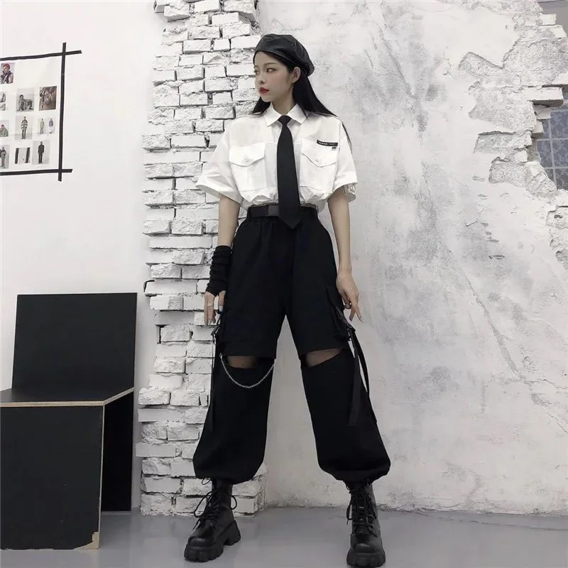 Gothic Fashion Streetwear Women Cargo Pants High Waist Stitching with Chain Casual Pants Black Oversize Korean Wide Leg Trousers