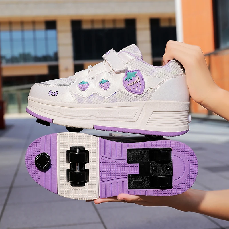 2026 Strawberry Roller Skate Shoes Princess Children's Girls Sneakers With Four Wheels Sport Outdoor Running Sneakers Kids Gifts