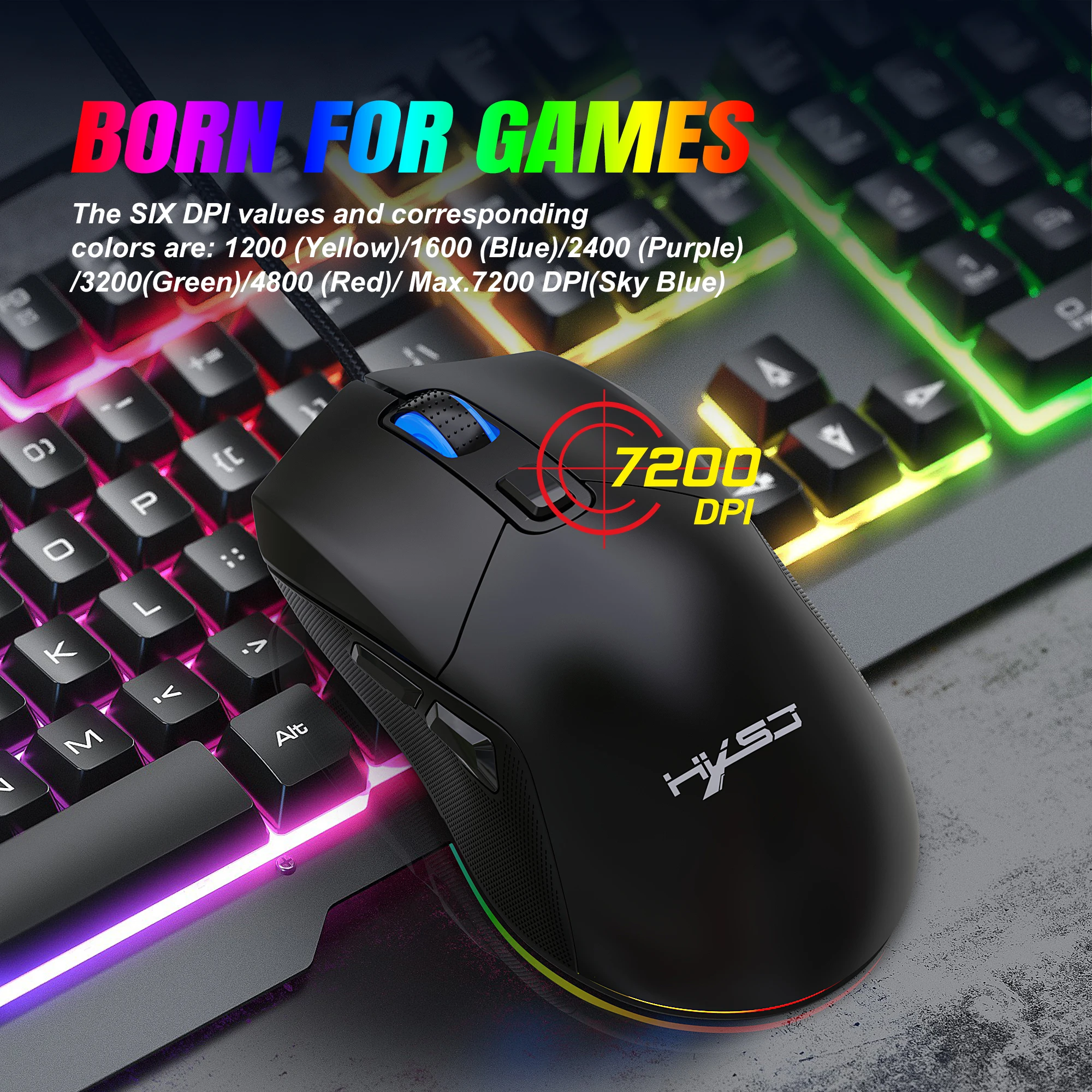Gaming Mouse RGB Backlit Braid 7200CPI Adjustable Back Cover Replaceable Home Optical USB Wired  Game Mouse
