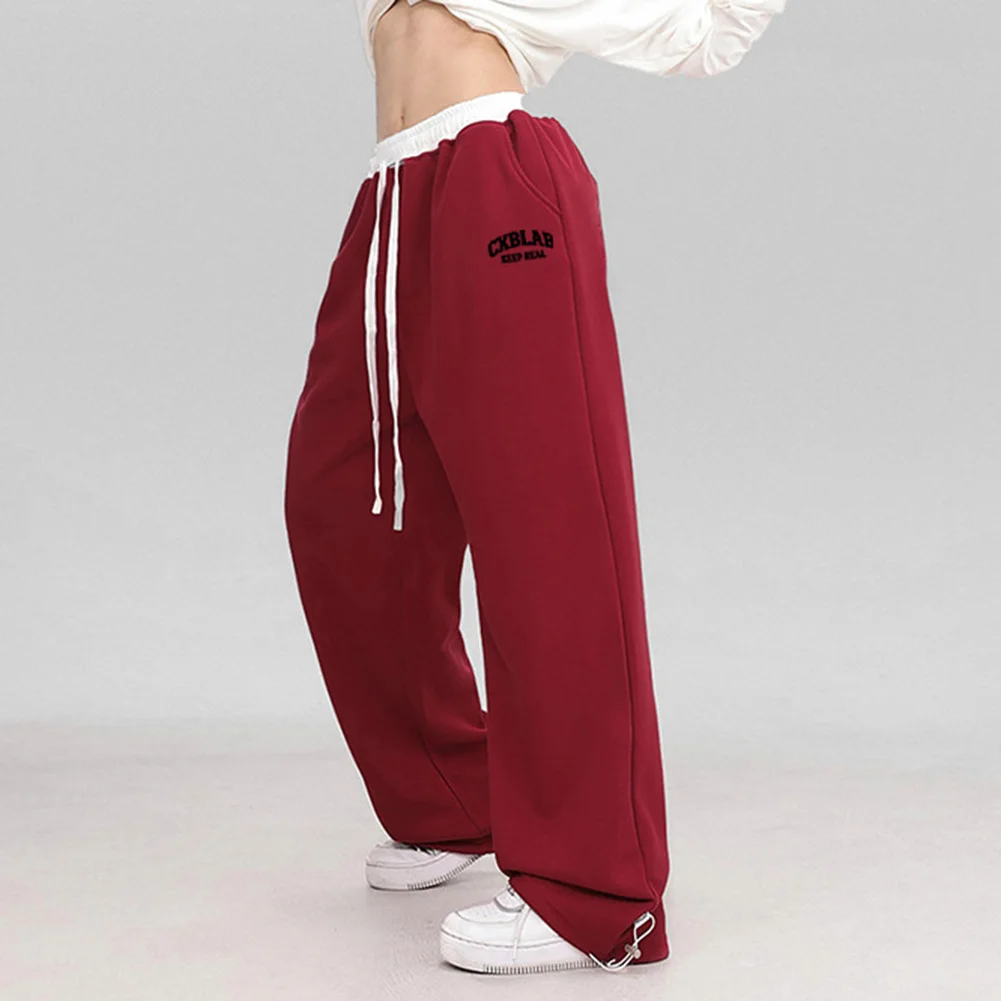 Pantaloni in colore a contrasto Pantaloni in vita elastica Gita casual Abbigliamento sportivo femminile Pantaloni con motivo a lettera per clubbing Rosso