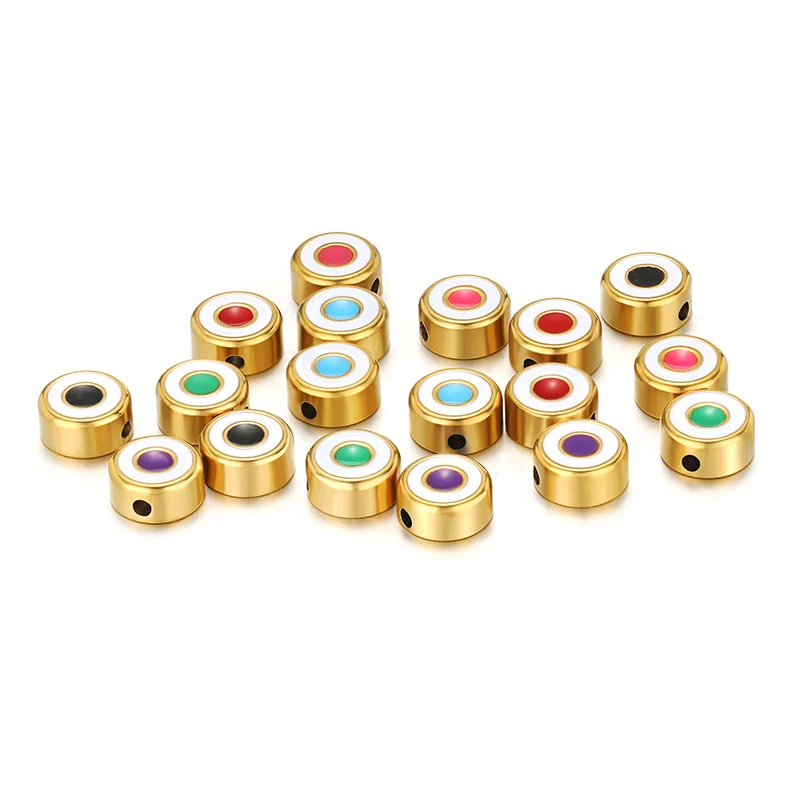5pcs Stainless Steel Carved Round Enamel Beads Gold Color Bracelets Charms Spacers Necklaces Pendants DIY Jewelry Findings