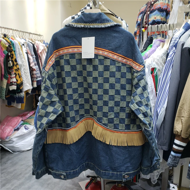 Harajuku Vintage Etnische Stijl Omzoomd Stiksels Vrouwen Denim Jas Blauw Zwart Herfst Casual Lange Mouw Revers Jeans Jas Vrouwelijke