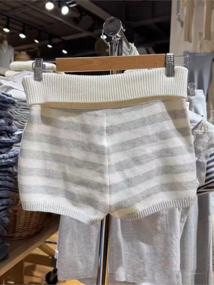 

Милые вязаные шорты с отбортовкой, женские весенние хлопковые прямые шорты с эластичной резинкой на талии, милое полосатое домашнее нижнее белье, толстовки Y2K