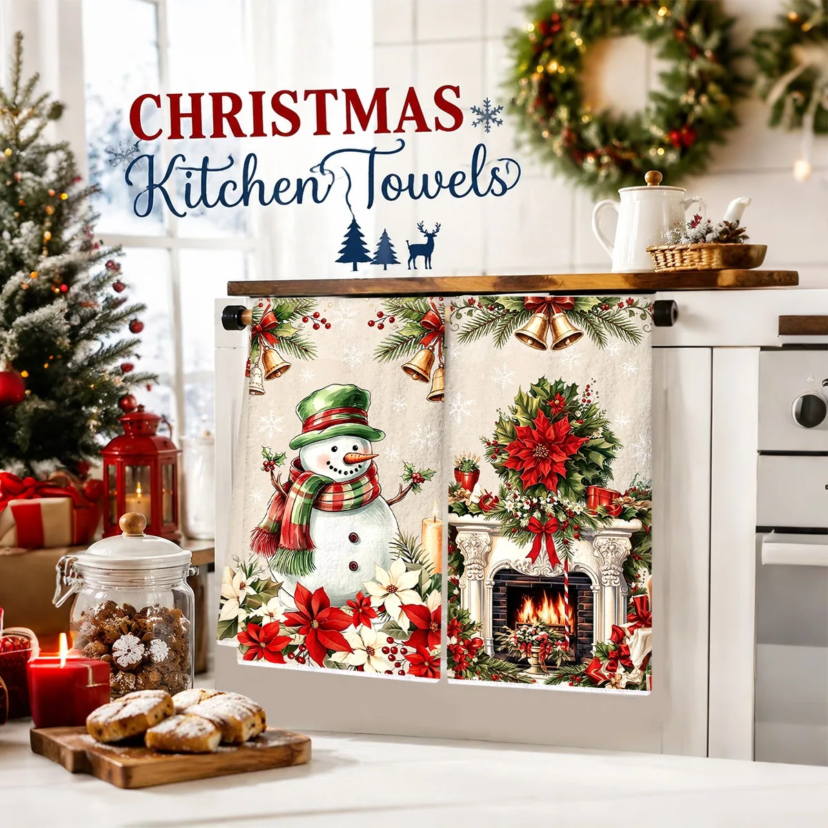 2pcs Vintage Christmas Kitchen Towels 40*48cm Snowman Print Polyester Absorbent Hand Towel Housewarming Gift Festive Kitchen Use