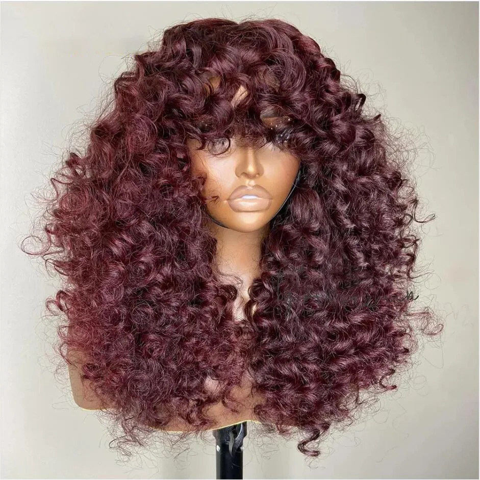 Burgundy Wine 26Inch Long 180Density 99j Machine Kinky Curly Wig For Black Women BabyHair Daily Glueless Heat Resistant Daily