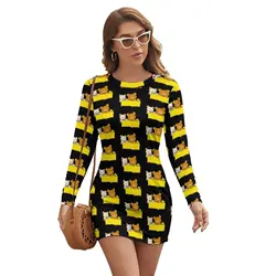 Rilakkuma Dress Long Sleeve Retro Spandex Bodycon Girls Patterns Business Tight One-Piece Dress