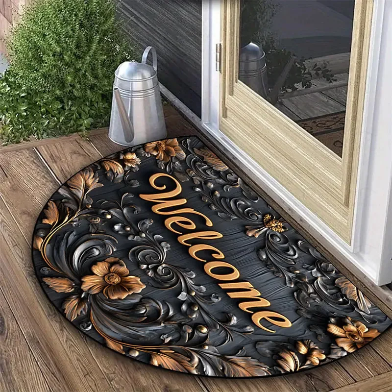 Half Round Welcome Mat, Non-slip Semicircle Doormat, Black Gold Floral Print, Absorbent Floor Rug for Entryway
