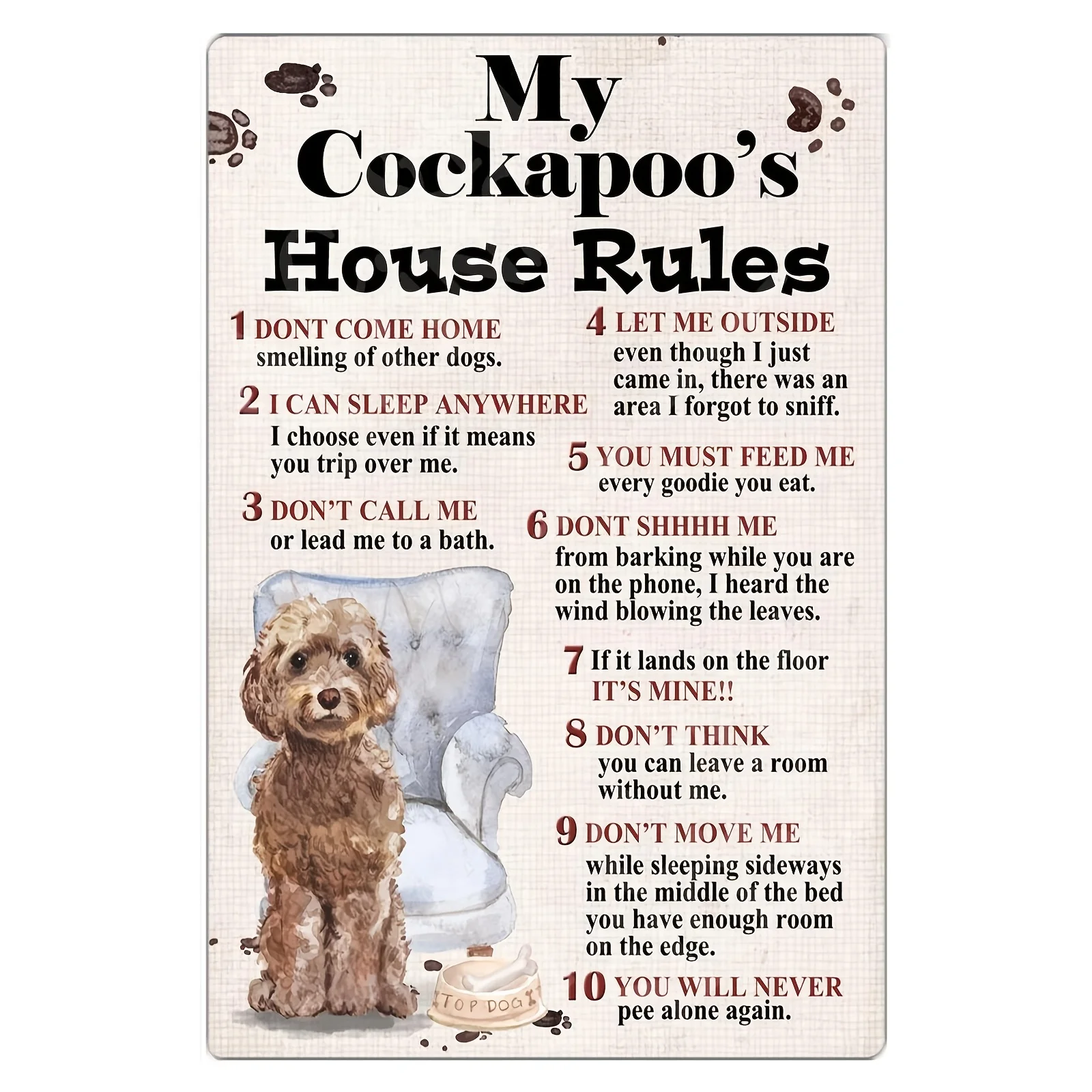 Panneau métallique vintage pour la décoration de la pièce, avec les règles de la maison pour les Cockapoos. Cette décoration murale de style campagnard présente un adorable chien.