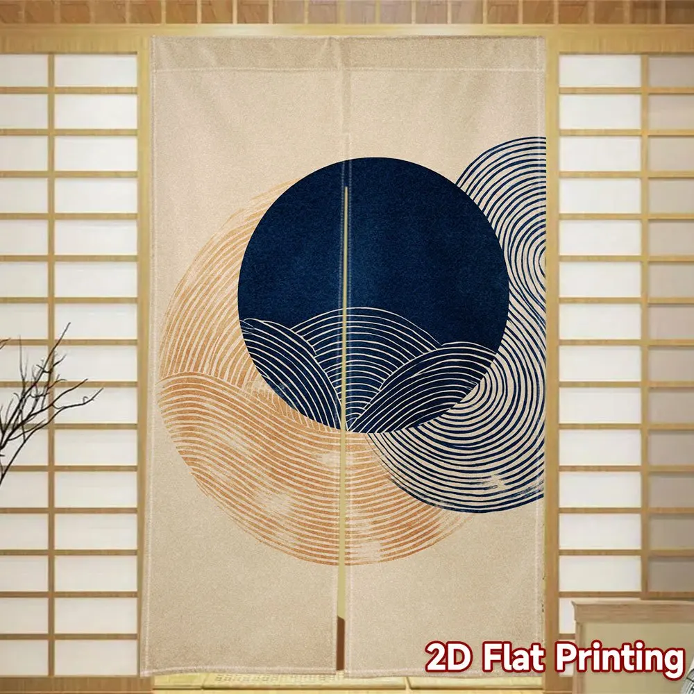 Traditional Japanese Blue Circular Wave Door Curtain - 2D Flat Print Abstract Polyester Room Divider for Kitchen Bathroom