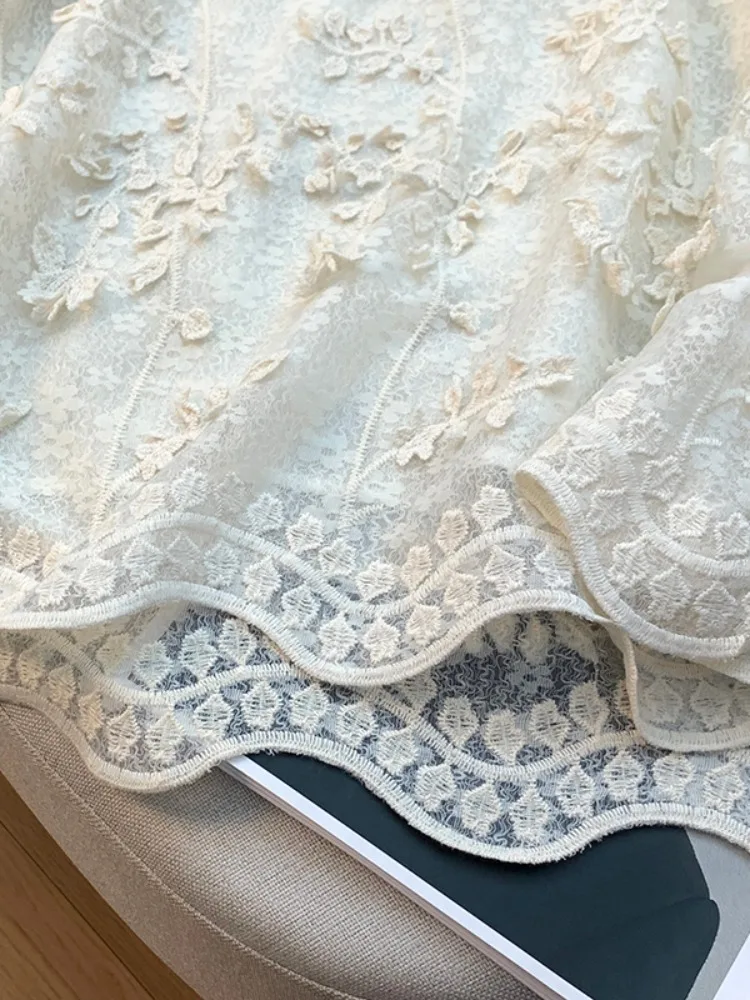 

French Sle round Ne Long Sve Lace Trim Heavy Embroidery Women's irt Breathable Loose Fit Daily Wear Autumn Design