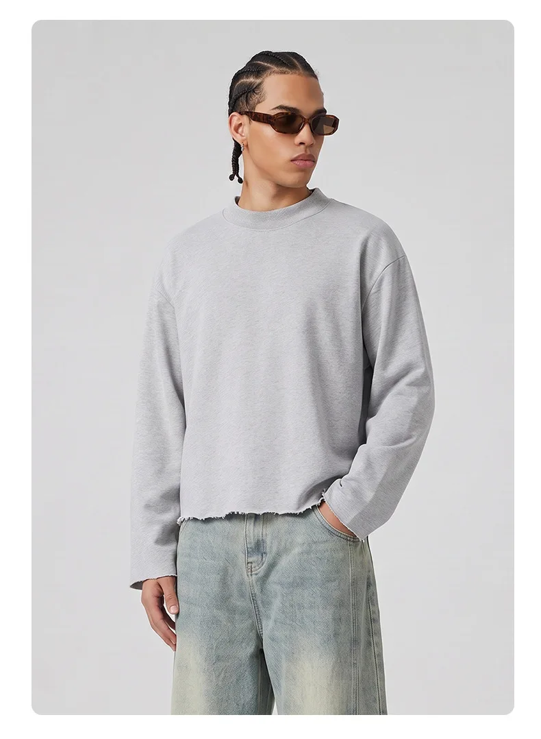 Personalized LOGO custom 350G cotton men's BOXY short and wide half-high neck long-sleeved hem burr sweater