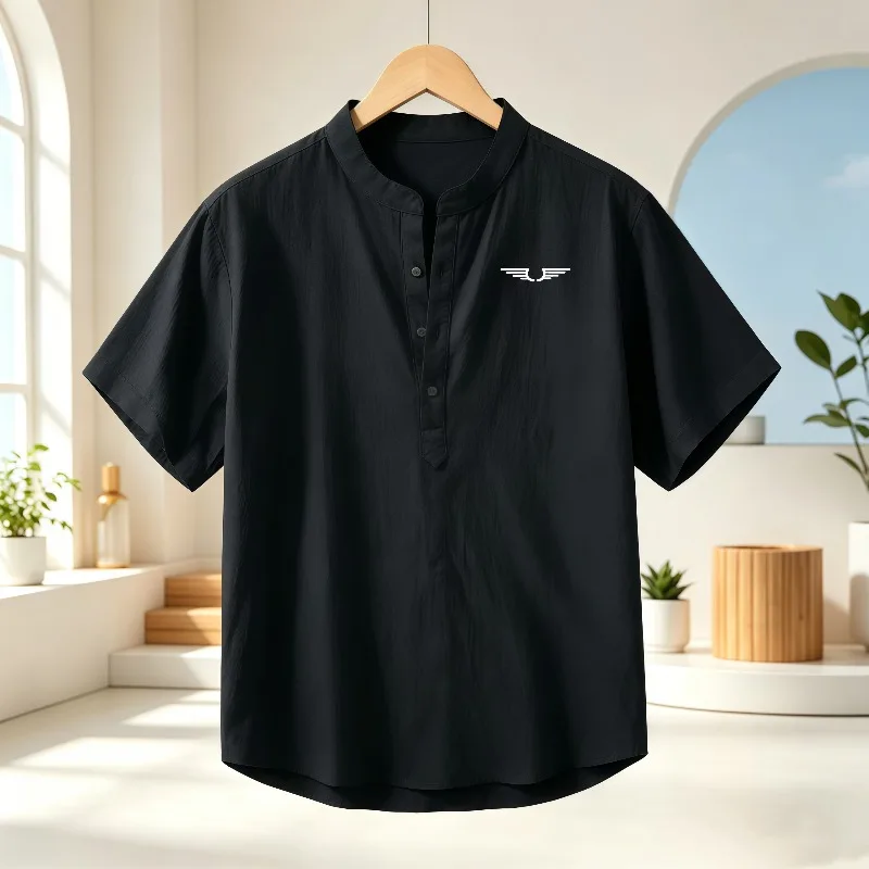 Men's cotton and linen Henley collar short sleeved shirt, pattern printed breathable casual top, loose stand collar lightweight view 2