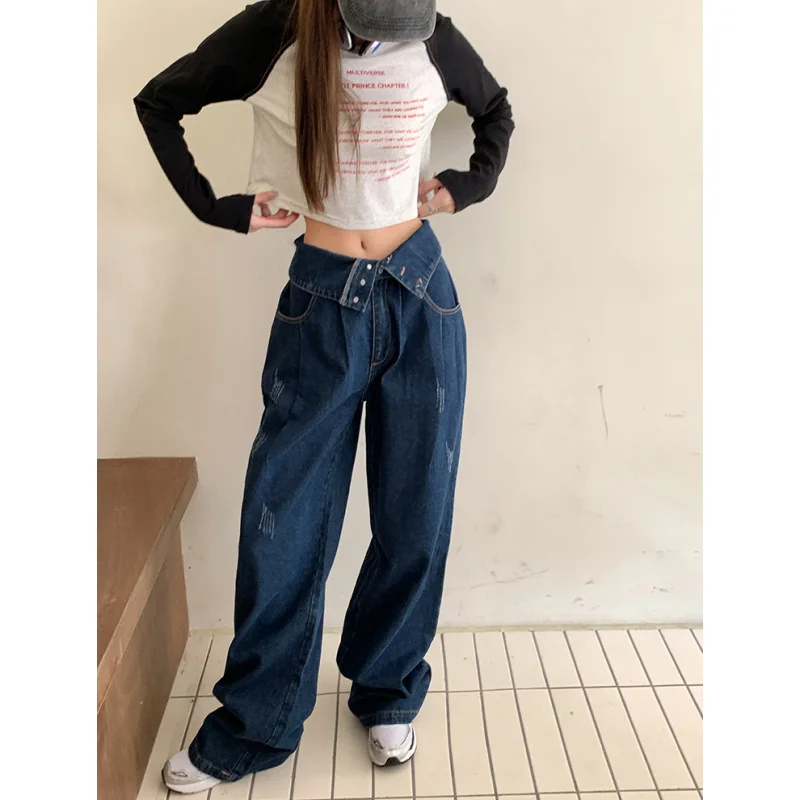 

Women's Blue Vintage Wide Leg Jeans Fashion Baggy High Waist Straight Pants High Street Mopping Denim Trouser Spring Ladies