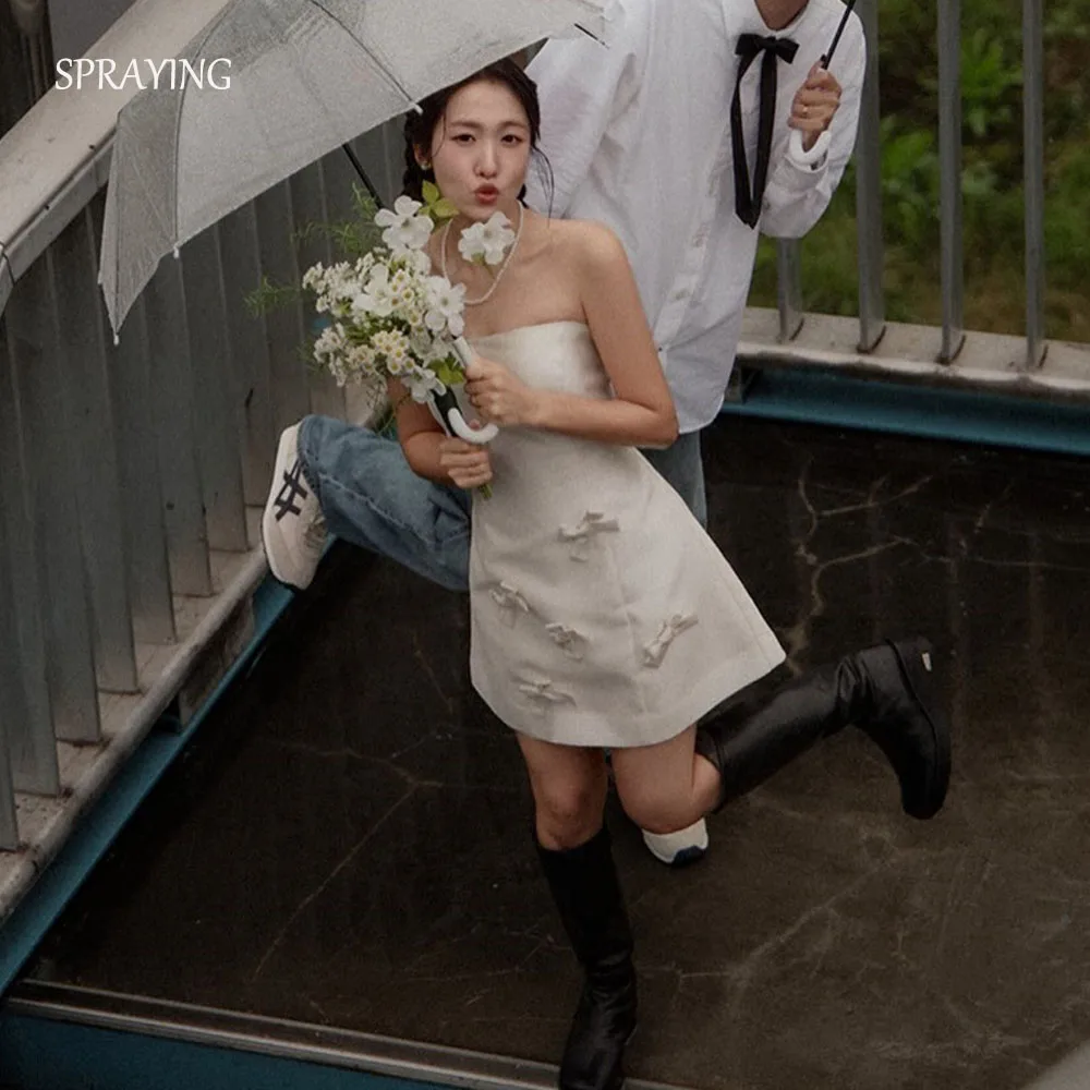 

SPRAYING Мини-атласное свадебное платье цвета слоновой кости Корейская фотосессия без бретелек трапециевидной формы с коротким бантом свадебные платья корсет по индивидуальному заказу 웨딩드레스