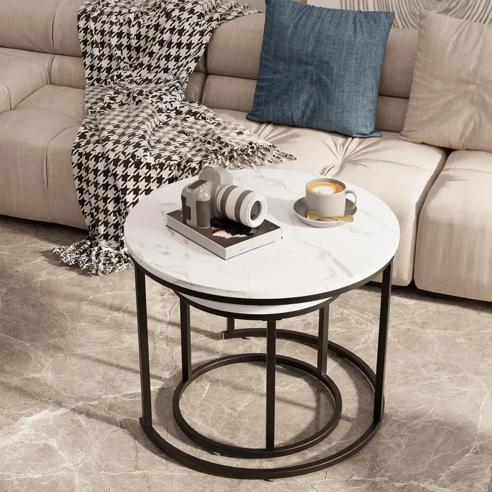 Coffee Table,Circular nested white artificial marble coffee table, set of 2, living room bedroom  black steel frame wooden table