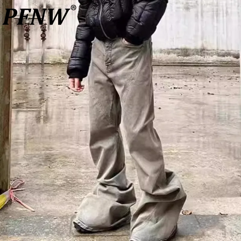 PFNW Vintage Washed Worn-out Elastic Wide Leg Wrinkle Jeans Male Boot Cut Pants High Street Full Length Trendy Trousers 28W4552