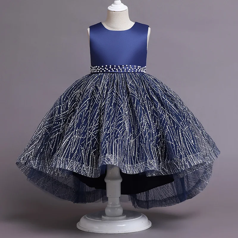 Girls Sleeveless Satin Pearl Sequins Tulle Princess Dress For Children Birthday Party Wedding Pageant Formal Ceremony Prom Gown