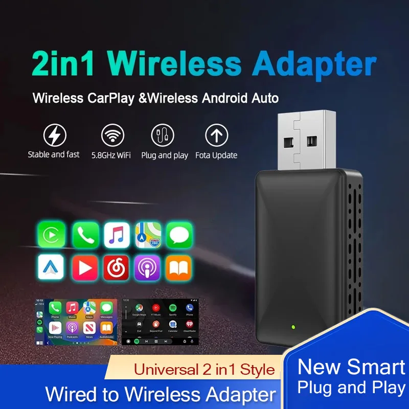 

5G WIFI Carplay Wireless Adapter Android Auto 2in1 For iPhone Android Phone With USB Plug and Play For Volvo Benz Mg Kia Chery