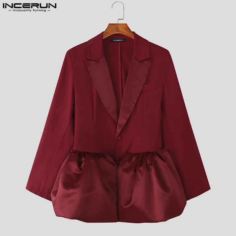 INCERUN Men Blazer Satin Patchwork Lapel Long Sleeve Casual Male Suit Streetwear Autumn One Button Fashion Thin Coats Men 2025