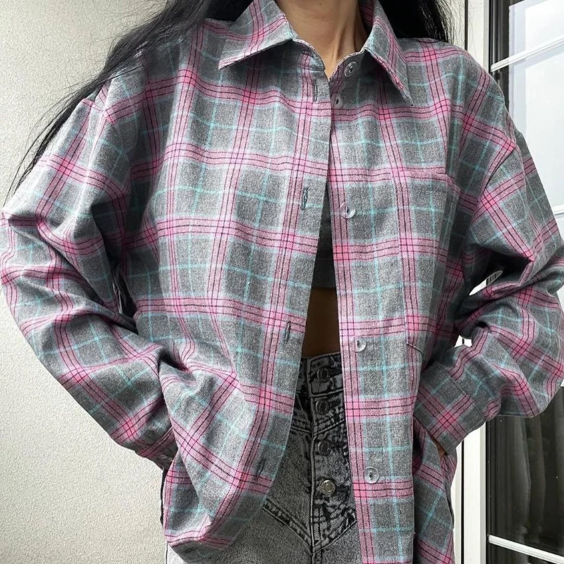 Casualowa koszula w kratę w kratę Luźna koszula z długim rękawem i guzikami Długa kurtka koszulowa 2025 Wczesna wiosna Moda dojeżdżająca do pracy Odzież damska