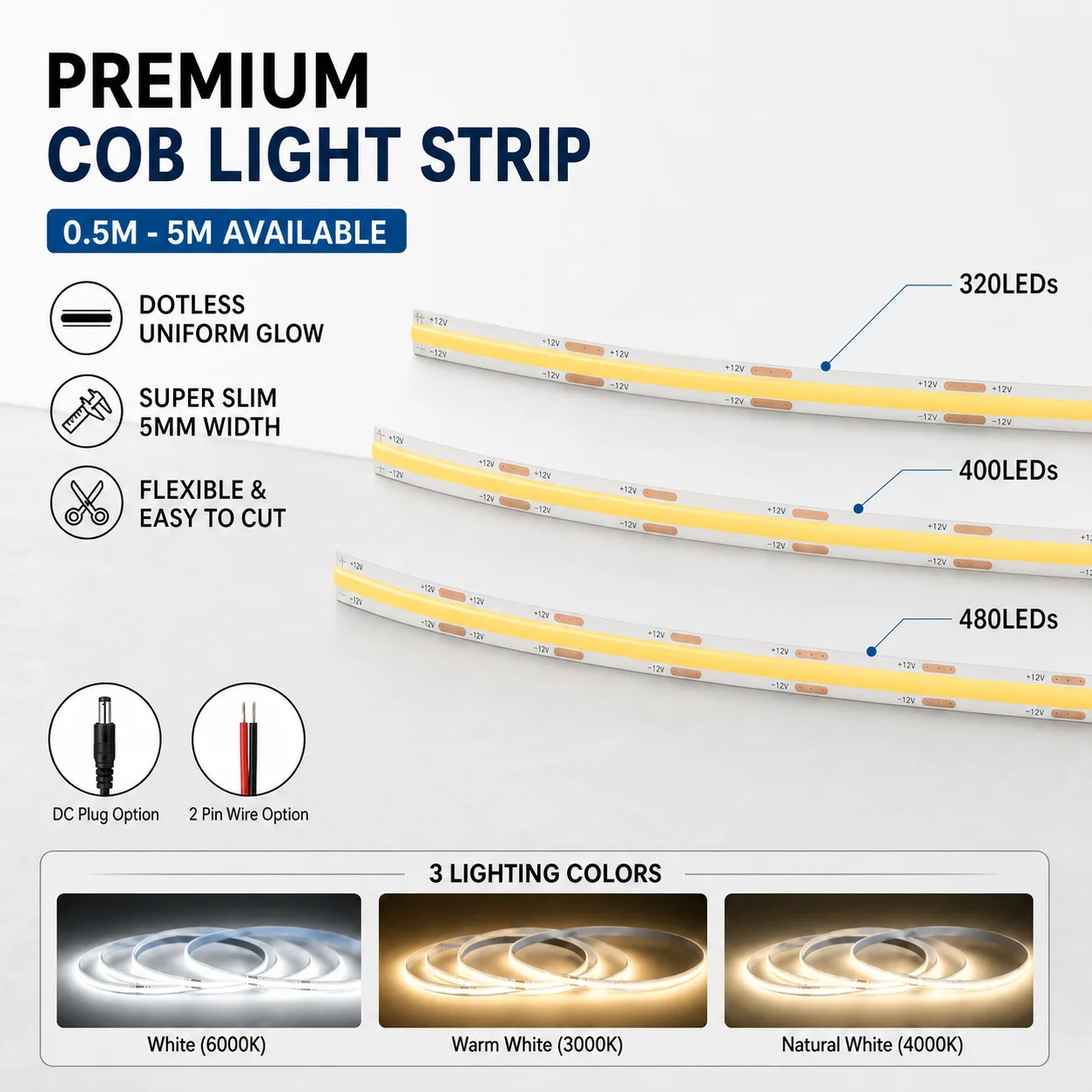 DC12/24V COB LED Strip Light 5mm Width Dotless Uniform Glow Flexible Cuttable 0.5‑5M Warm Natural White Home Decor LED Tape
